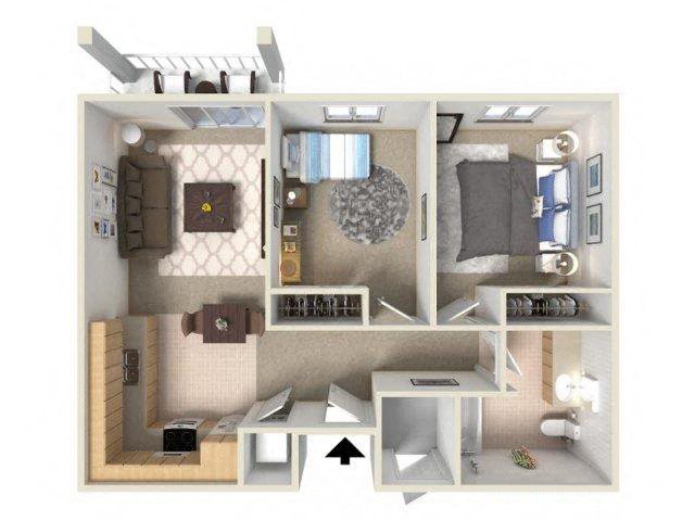 Floor plan for 2 beds, 1 bath, 748 sqft